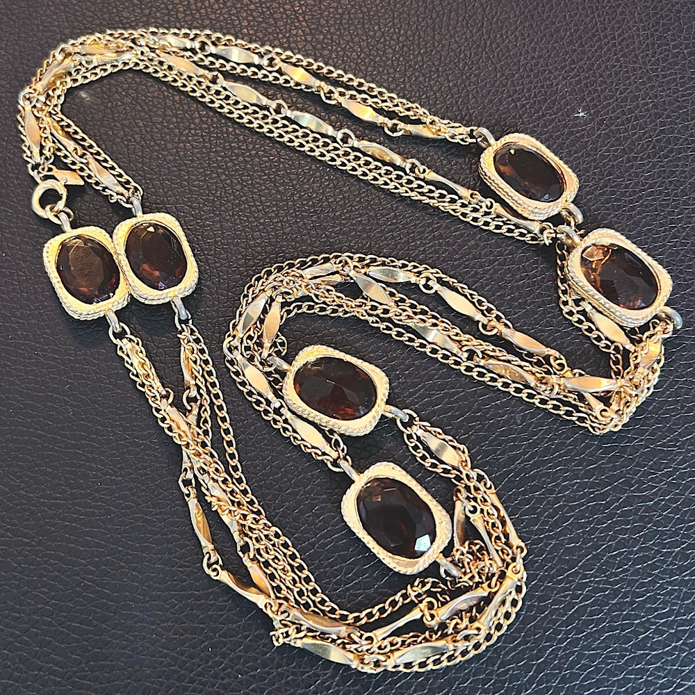 Sarah Coventry Long Gold Tone Double Chain Necklace with Rectangular Amber Glass
